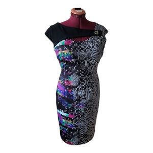 SZ14 Joseph Ribkoff Mixed Print Digital Sheath Dress Abstract Chevron